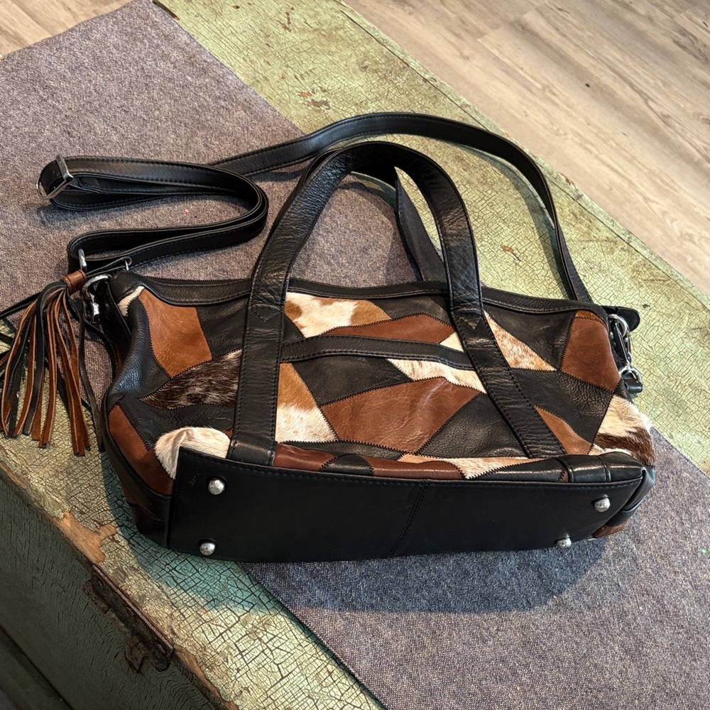 Leather Patchwork Cowhide Satchel Bag Tassel Cros… - image 2